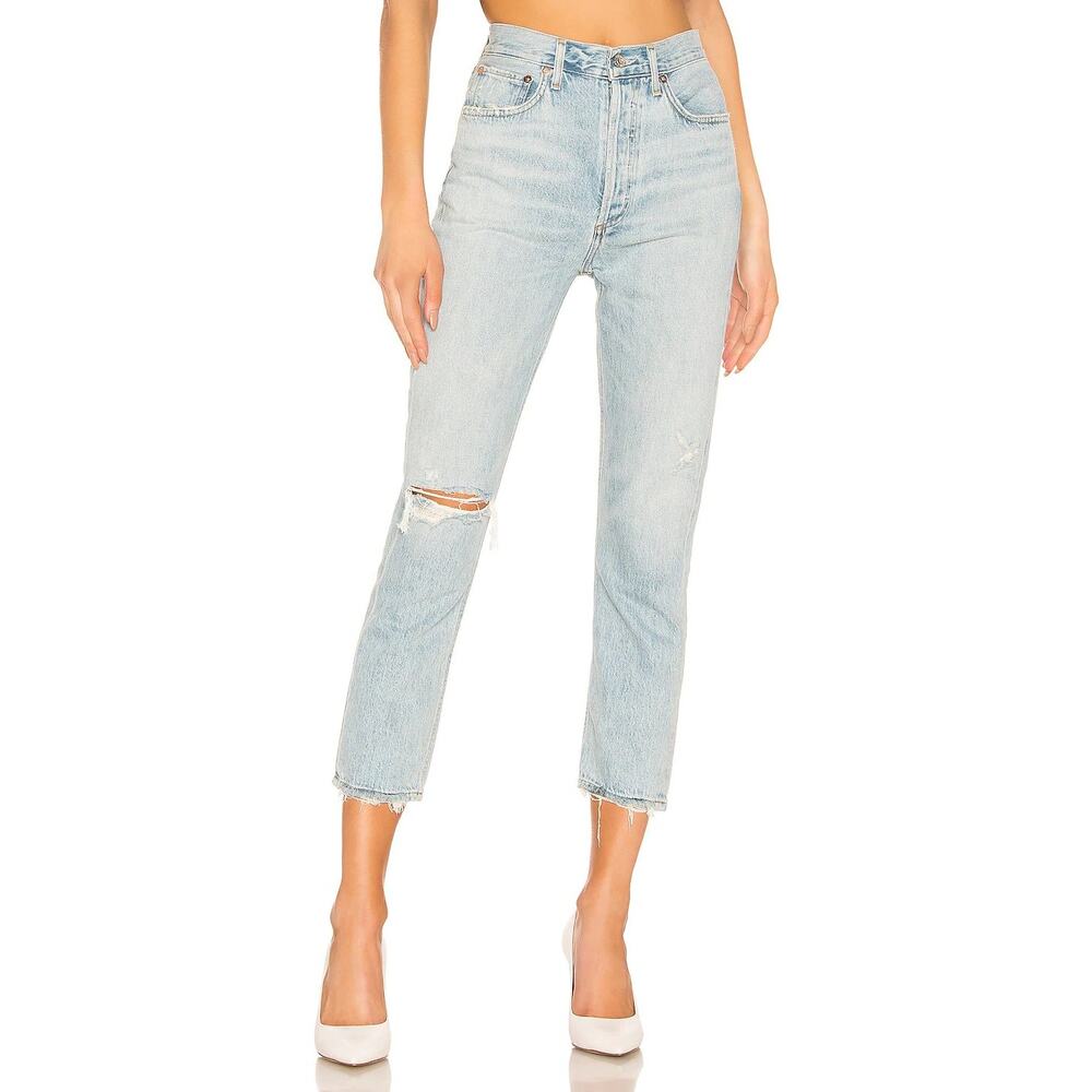 Agolde Riley High Rise Straight Crop in Shatter Button Fly Destroyed Jeans